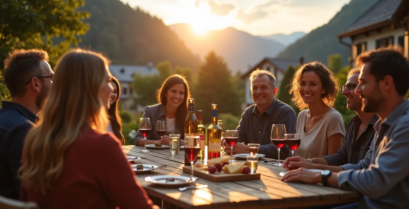 Voisins partageant un apéro sur une terrasse collective en Suisse romande