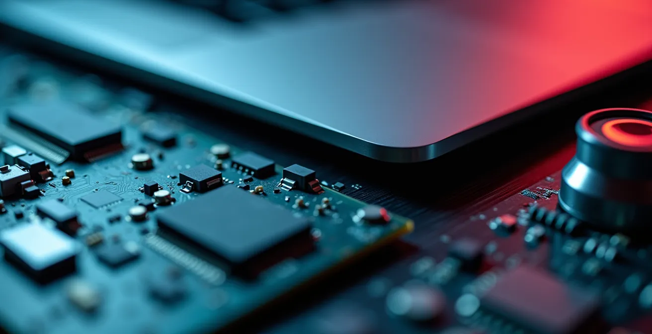 Gros plan macro sur du matériel informatique professionnel valorisable comme apport en nature