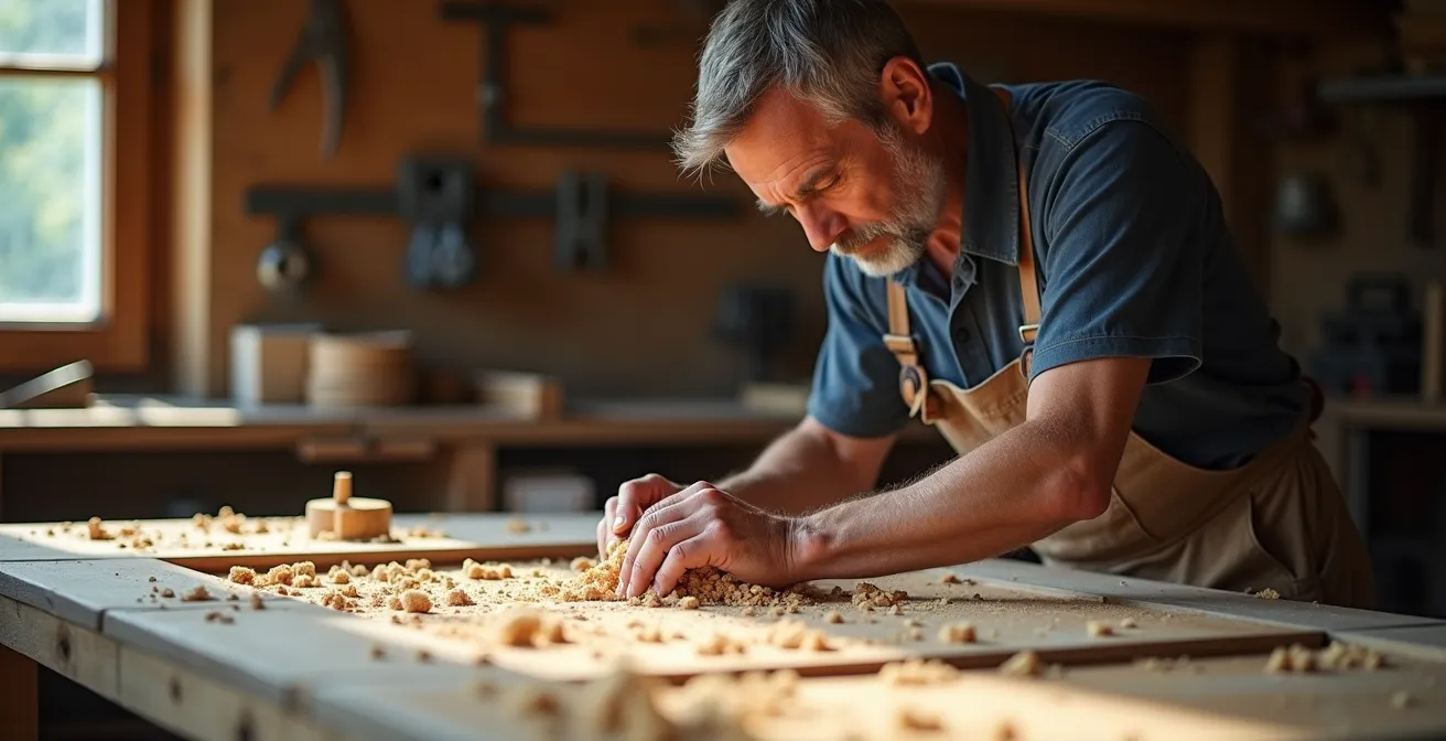 Artisan ébéniste suisse transformant une ancienne porte de ferme alpine en table moderne dans son atelier