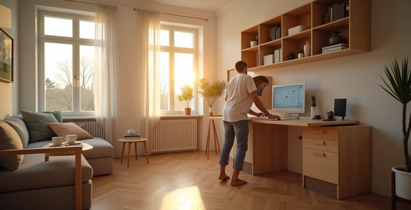 Espace bureau dissimulé dans un salon avec mobilier modulaire