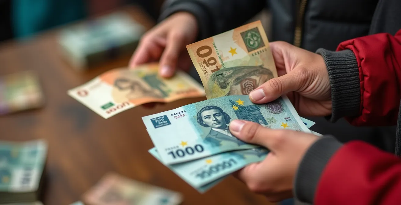 Mains échangeant des francs suisses contre des soms kirghizes sur un marché