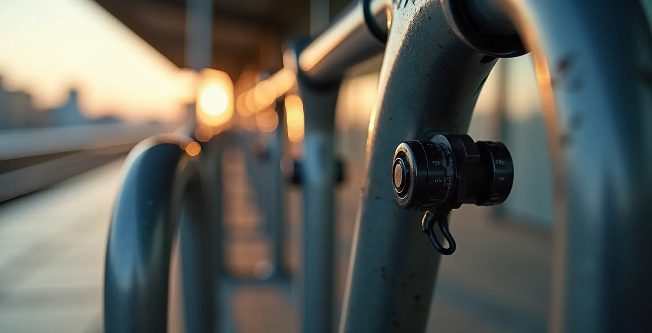 Gros plan sur un cadenas en U robuste verrouillant un vélo électrique à une station sécurisée