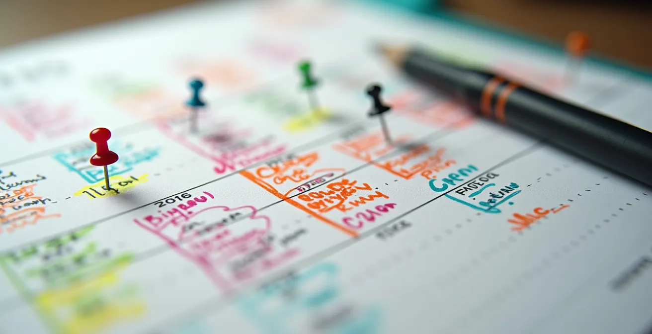 Vue macro d'un calendrier artistique avec marques colorées et annotations manuscrites floues