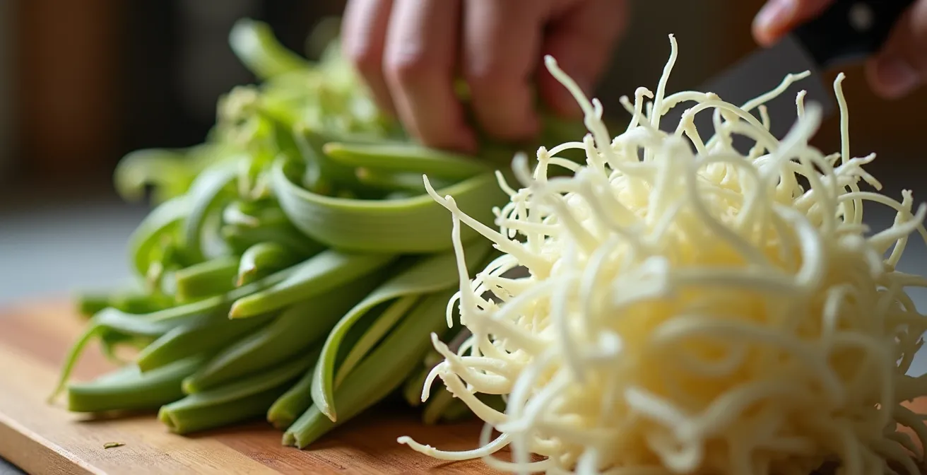 Cardons épineux de Plainpalais préparés sur une planche à découper en bois