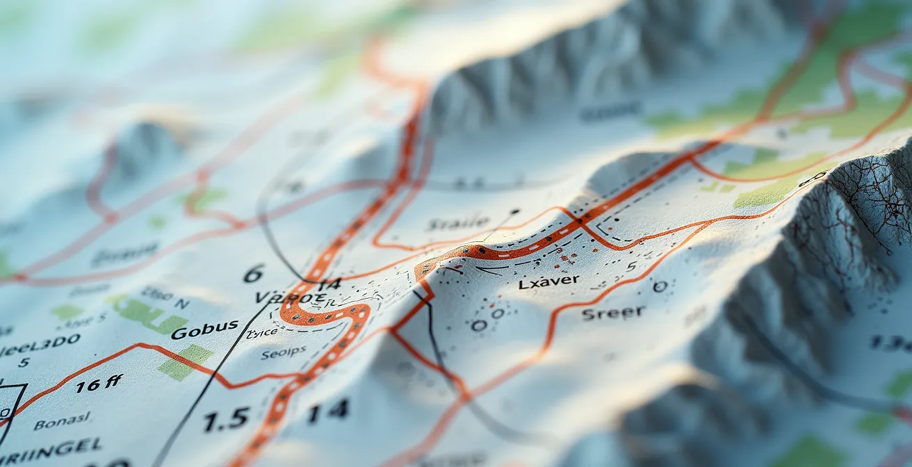 Détail d'une carte Swisstopo montrant les sentiers en pointillés et les courbes de niveau