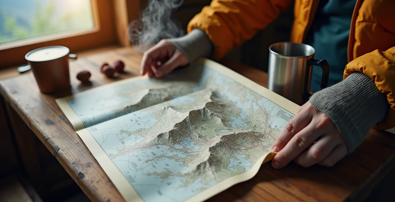 Randonneur consultant une carte topographique suisse Swisstopo dans un refuge de montagne