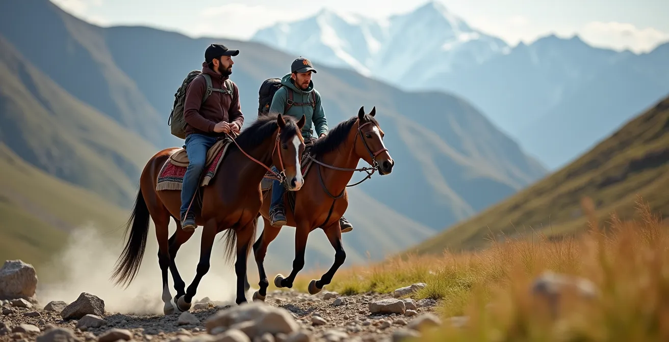 Cavalier kirghize traversant un col de montagne avec vue sur les vallées alpines