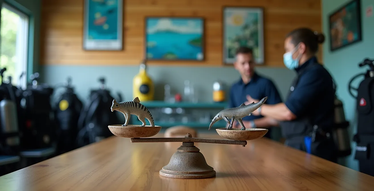 Centre de plongée certifié avec équipement écologique et briefing environnemental en cours