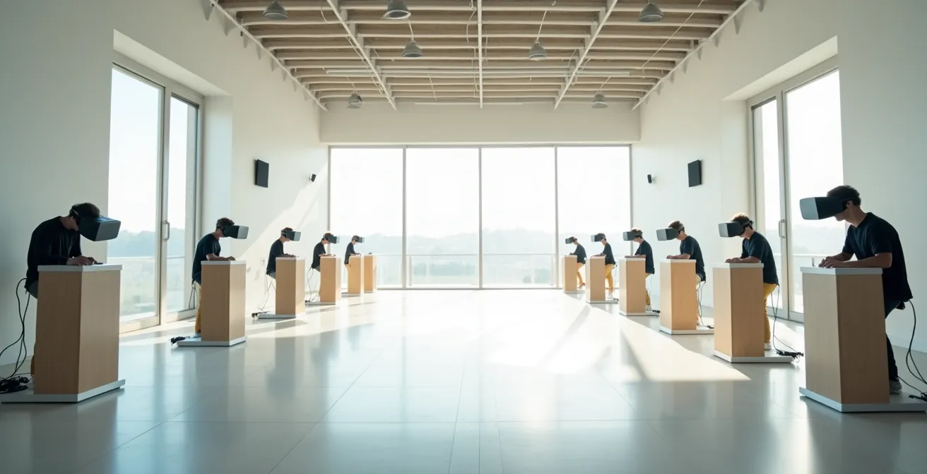 Espace VR désert avec équipements prêts à l'emploi dans une ambiance futuriste calme