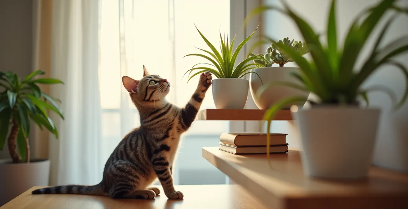 Chat tigré explorant des plantes non toxiques surélevées dans un salon suisse lumineux