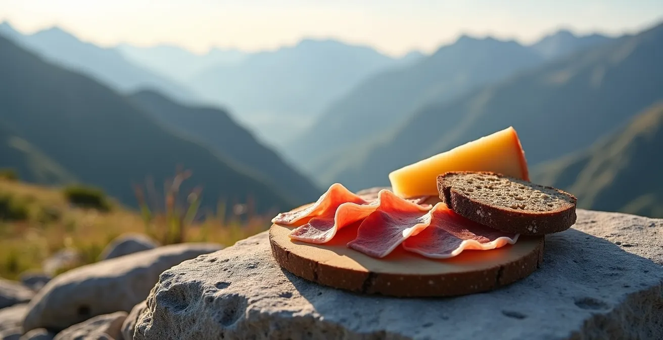 Composition minimaliste d'aliments locaux suisses sur un rocher au sommet avec vue panoramique alpine