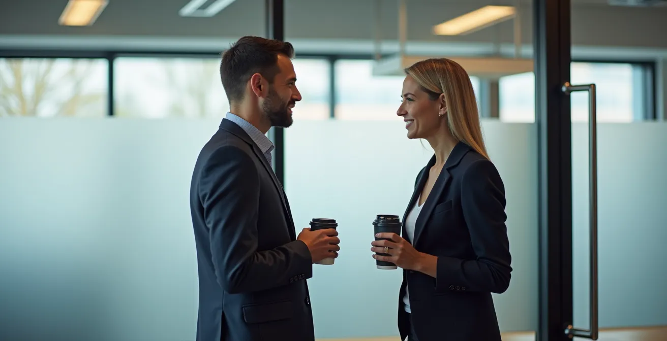 Collègues en discussion professionnelle respectueuse dans un bureau suisse moderne