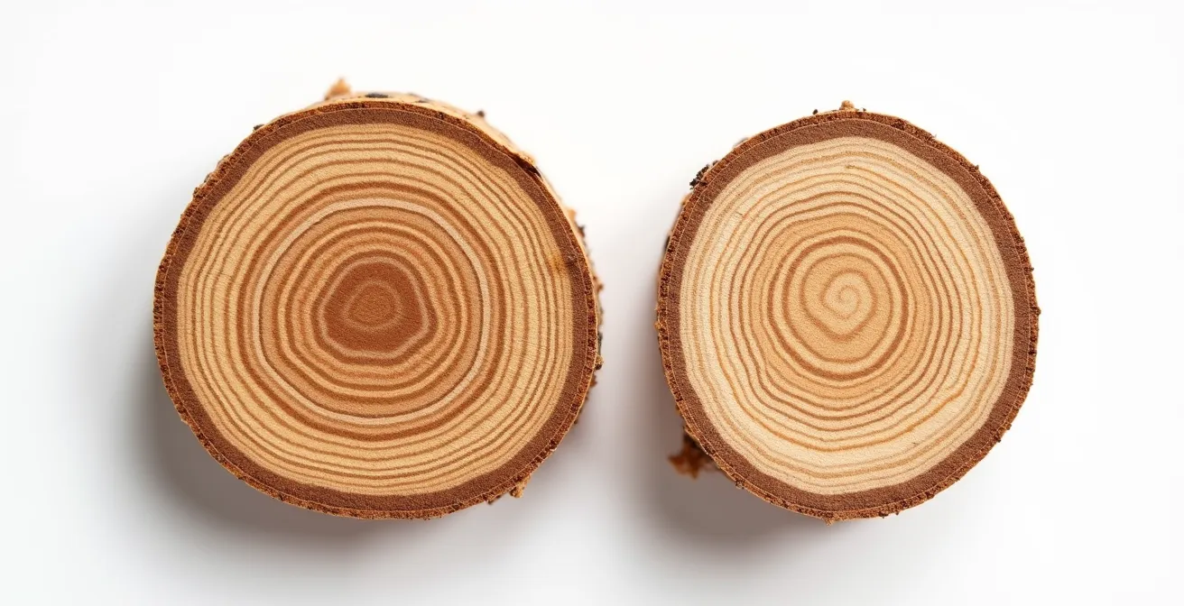 Gros plan comparatif de deux échantillons de bois : mélèze suisse dense à gauche et épicéa scandinave à droite