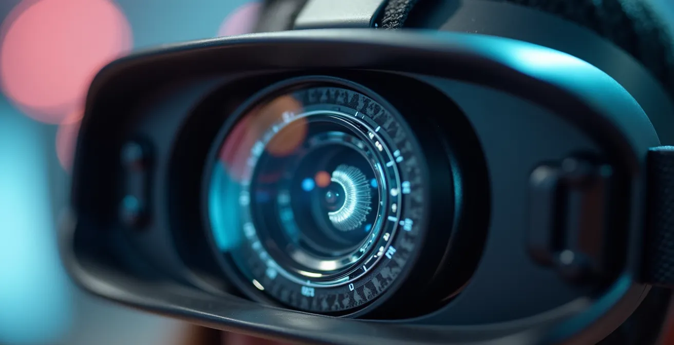 Gros plan macro sur les composants techniques d'un casque VR professionnel haute résolution