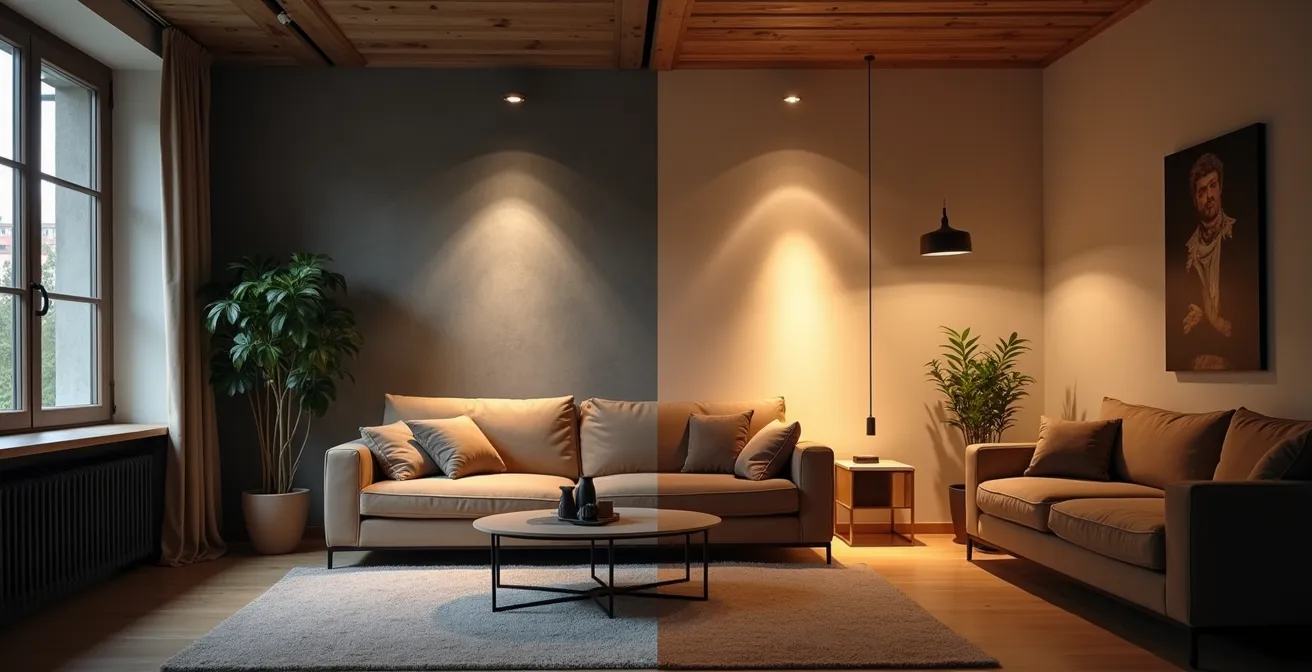 Comparaison avant-après d'un salon suisse avec grille de spots puis éclairage mixte valorisant les volumes