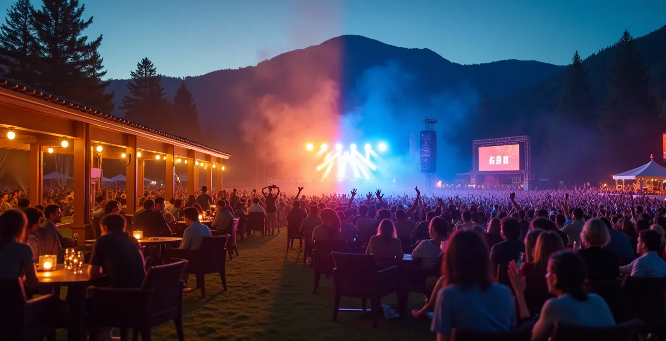 Vue divisée montrant l'ambiance contrastée entre la zone VIP calme et la pelouse animée d'un festival suisse
