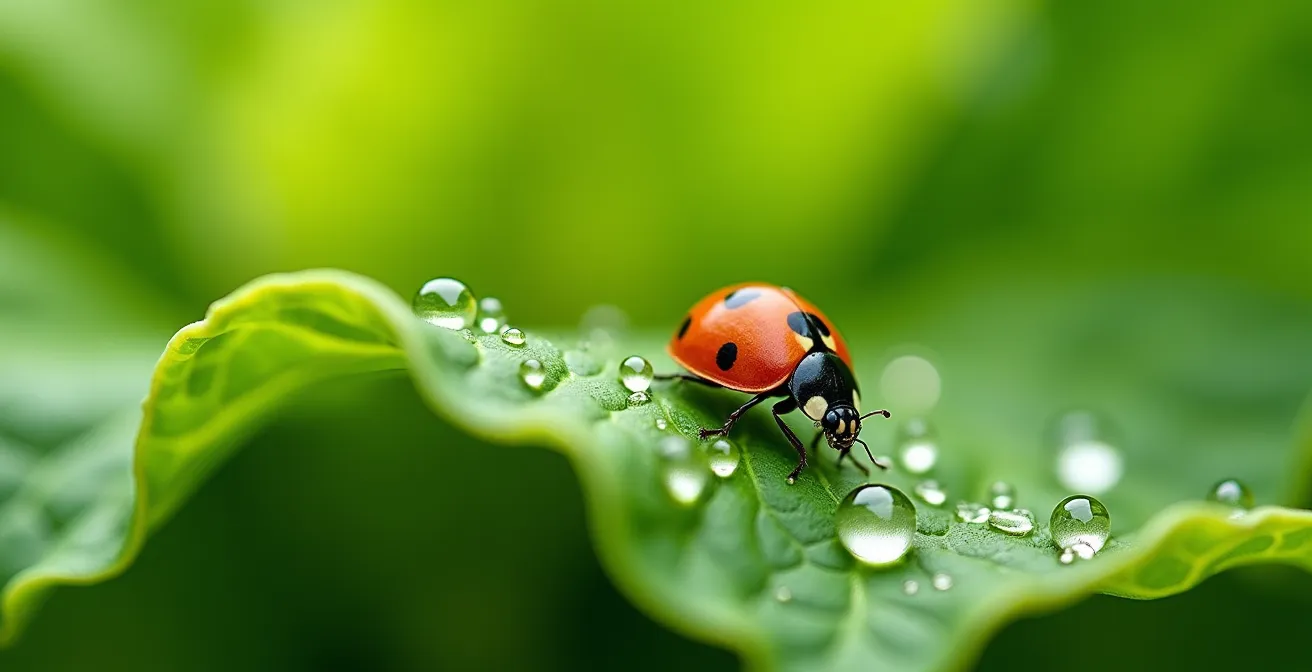 Gros plan macro sur feuille de salade avec coccinelle naturelle et goutte de rosée pure