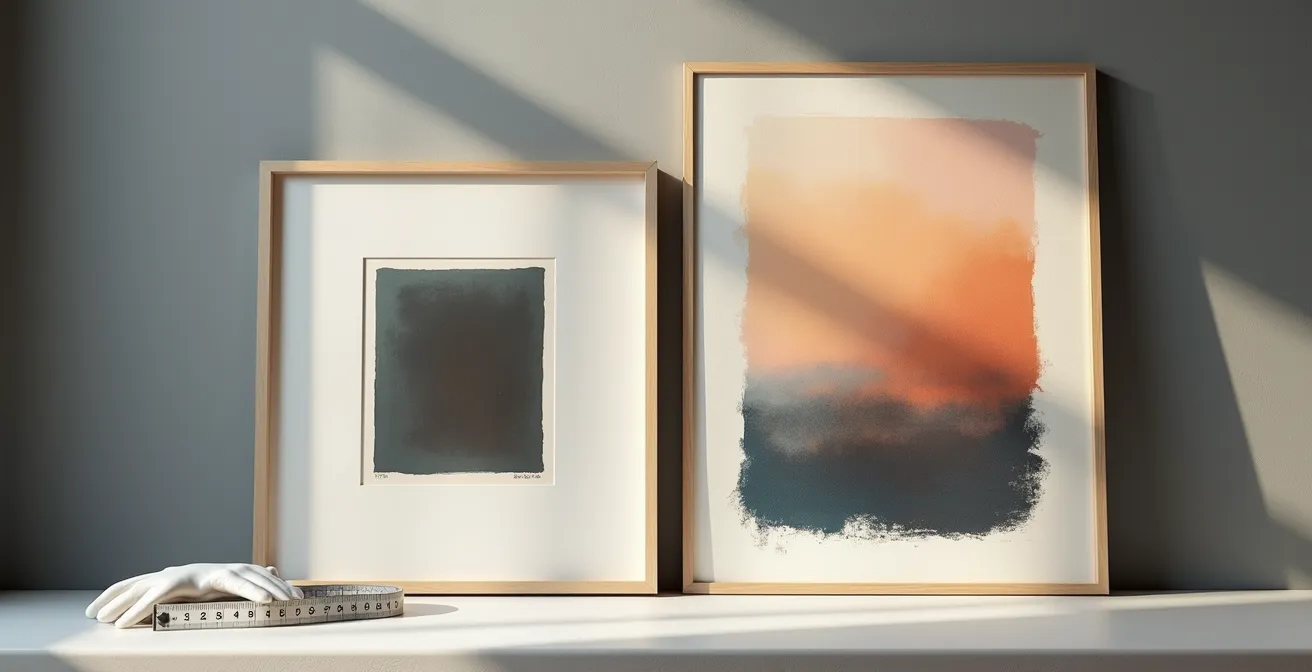 Comparaison visuelle entre une lithographie encadrée et une toile originale dans un intérieur contemporain