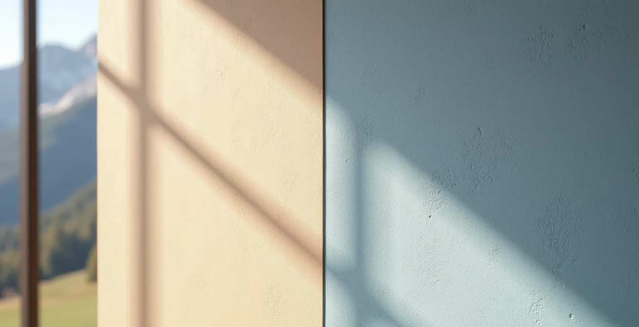 Échantillons de peinture grège et gris béton sous différentes lumières naturelles