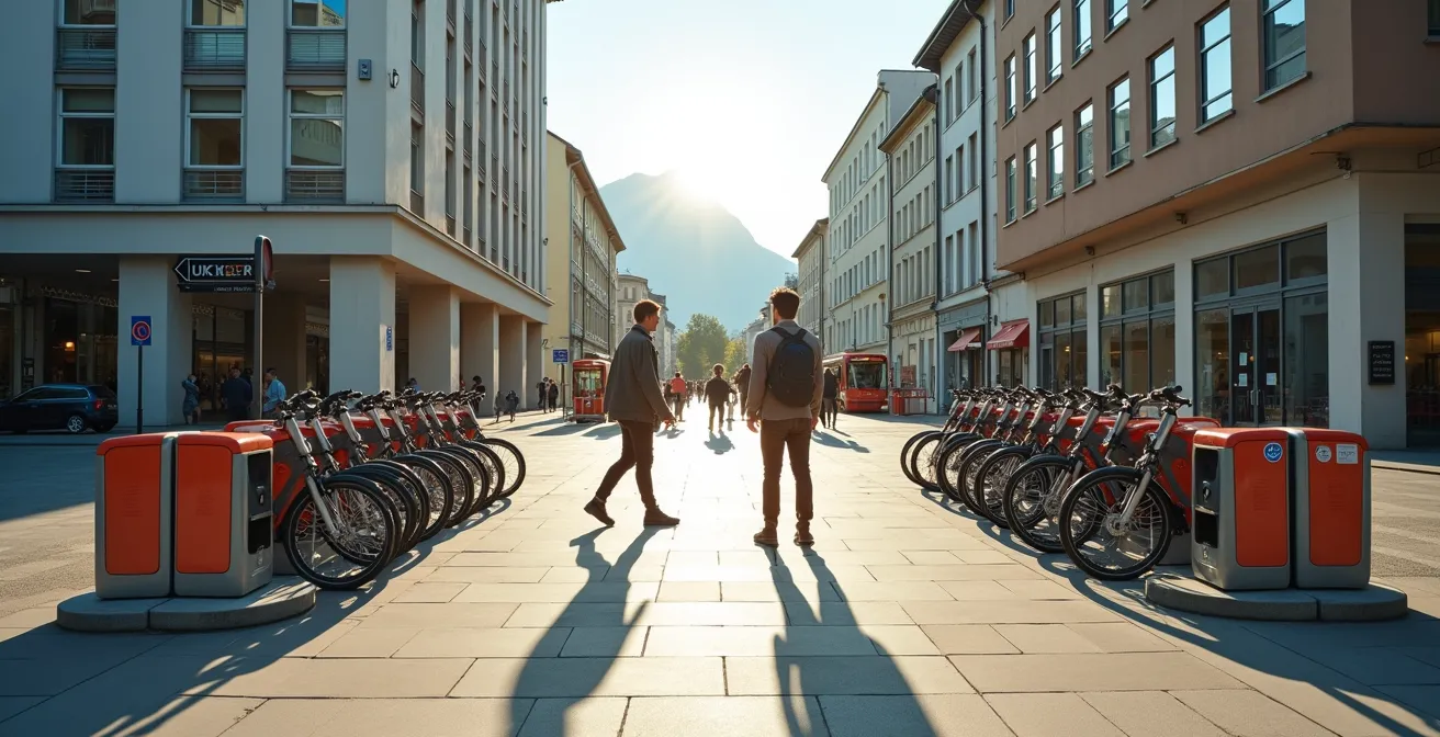 Stations de vélos en libre-service PubliBike et Lime côte à côte dans une rue suisse