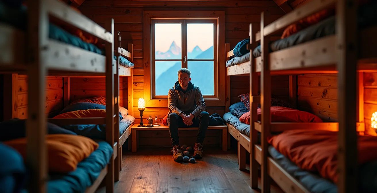 Intérieur chaleureux d'une cabane du CAS avec rangées de couchettes en bois et vue sur les montagnes au crépuscule