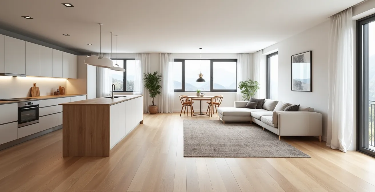 Vue d'ensemble d'un espace ouvert cuisine-salon avec sol uniforme créant une continuité visuelle