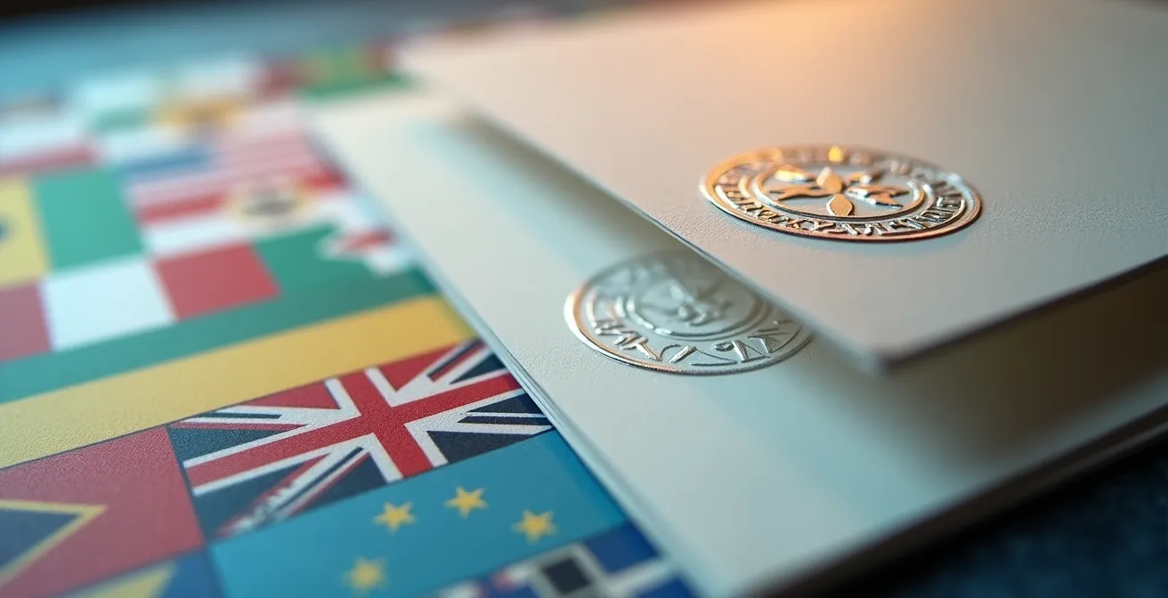 Bureau avec CV et tampons de validation internationaux en arrière-plan flou