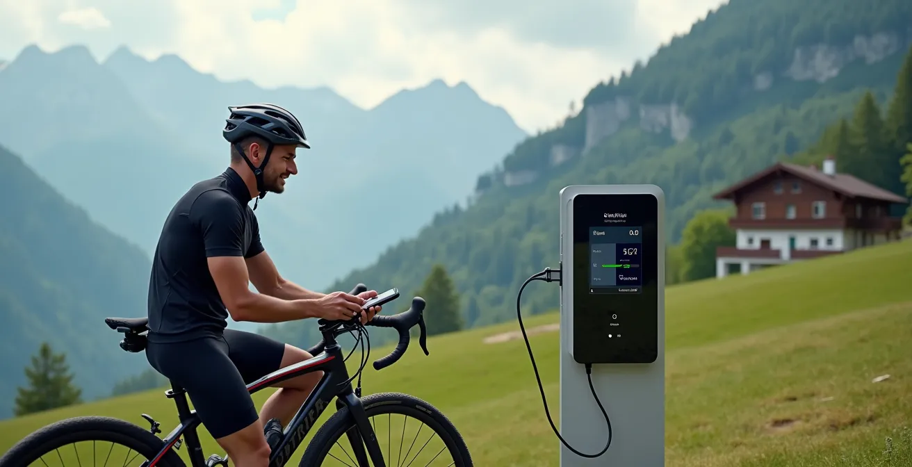 Cycliste avec vélo électrique en pause recharge dans un col de montagne suisse