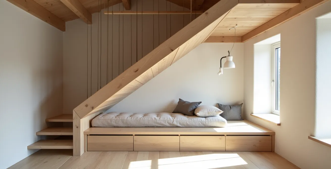 Vue en perspective d'un dressing sous pente avec aménagement optimisé montrant l'utilisation maximale de l'espace disponible