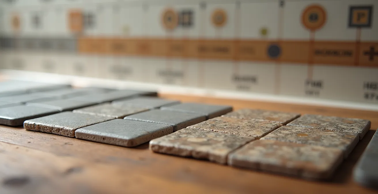 Gros plan sur échantillons de carrelage avec calendrier de chantier flou en arrière-plan