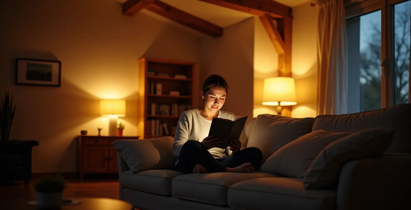 Salon suisse éclairé uniquement par des lampes indirectes créant une atmosphère chaleureuse