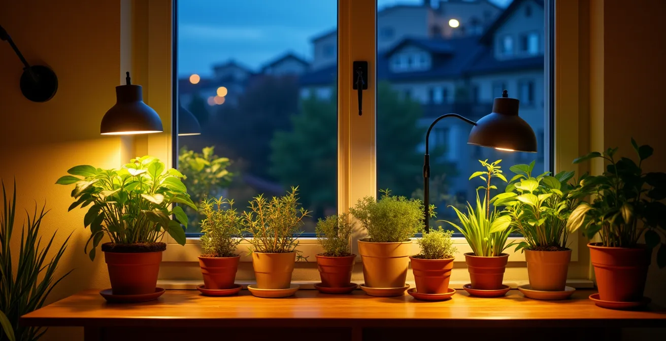 Salon suisse le soir avec éclairage chaleureux mettant en valeur les plantes sans perturber l'ambiance