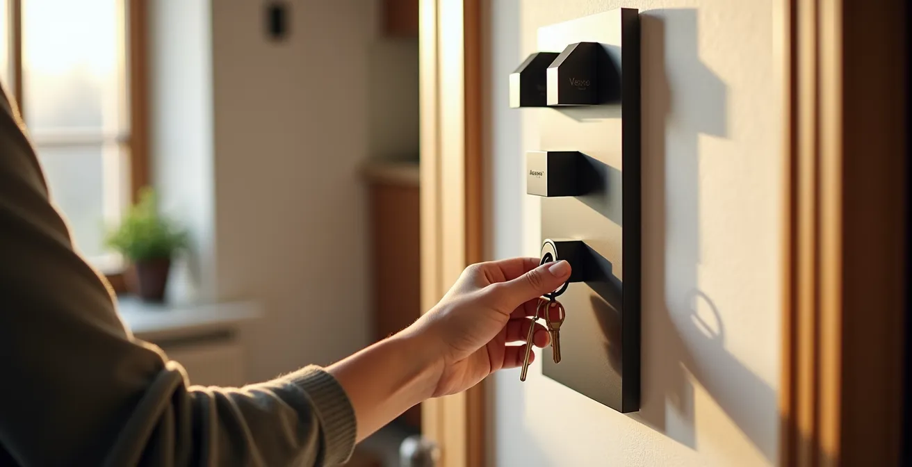 Entrée de studio avec système de rangement vertical élégant et porte optimisée