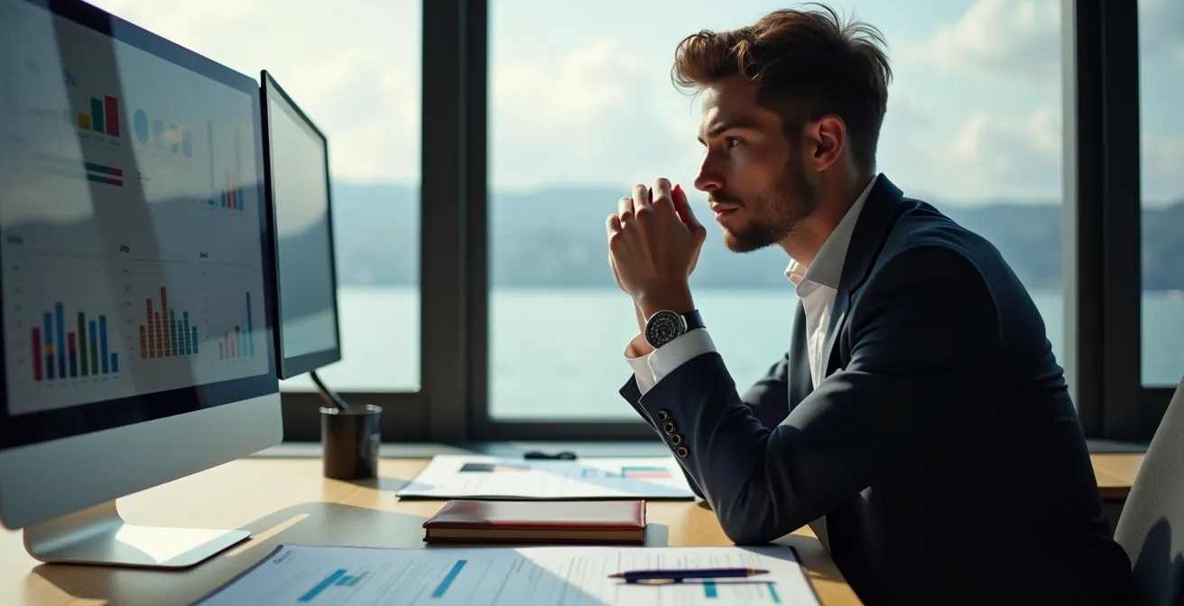 Entrepreneur préparant son pitch deck dans un bureau avec vue sur le lac Léman