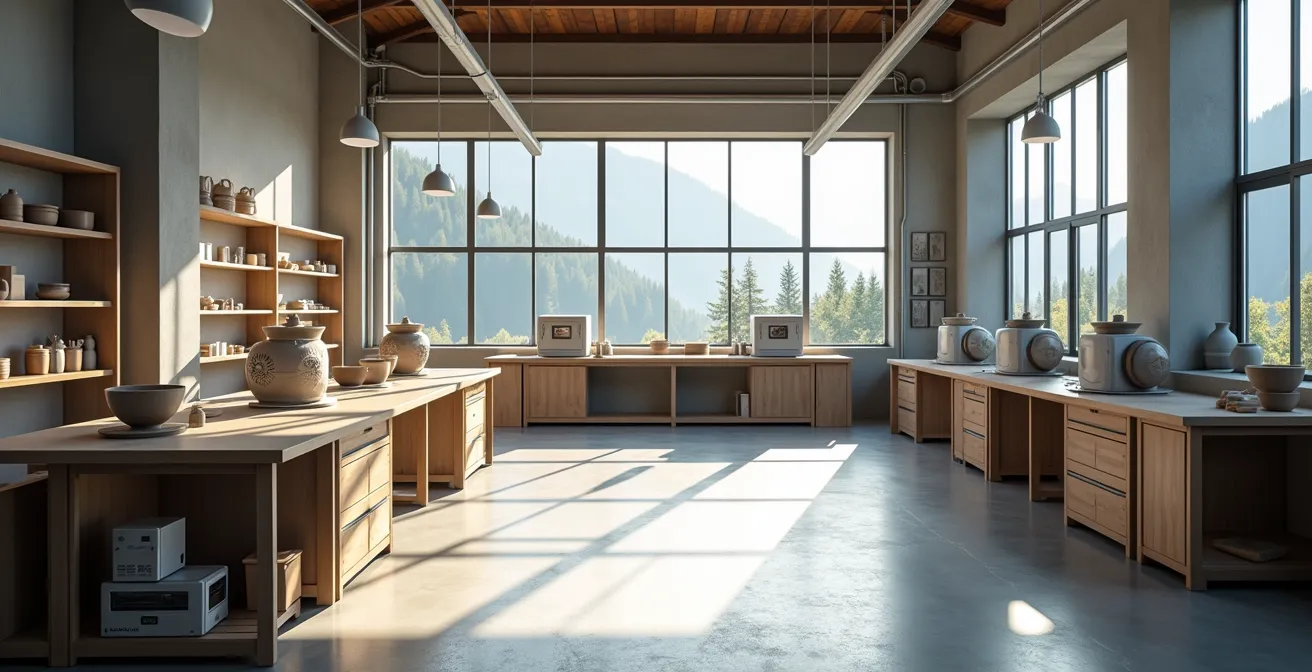 Intérieur d'un FabLab en Suisse avec équipements professionnels partagés et espaces de travail collaboratifs