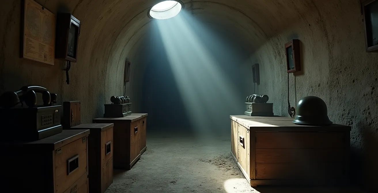 Intérieur d'un fort militaire souterrain suisse creusé dans la montagne avec tunnels et équipements militaires d'époque