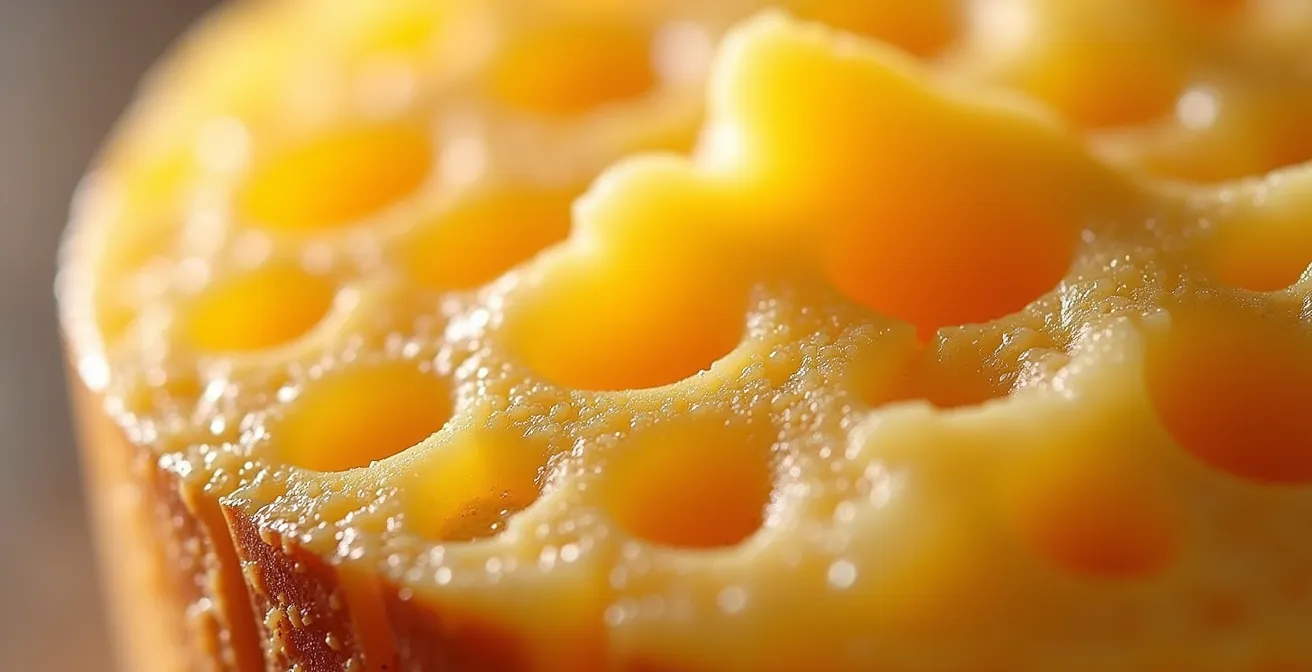 Détail macro de cristaux de tyrosine sur une tranche de Gruyère d'alpage avec texture visible