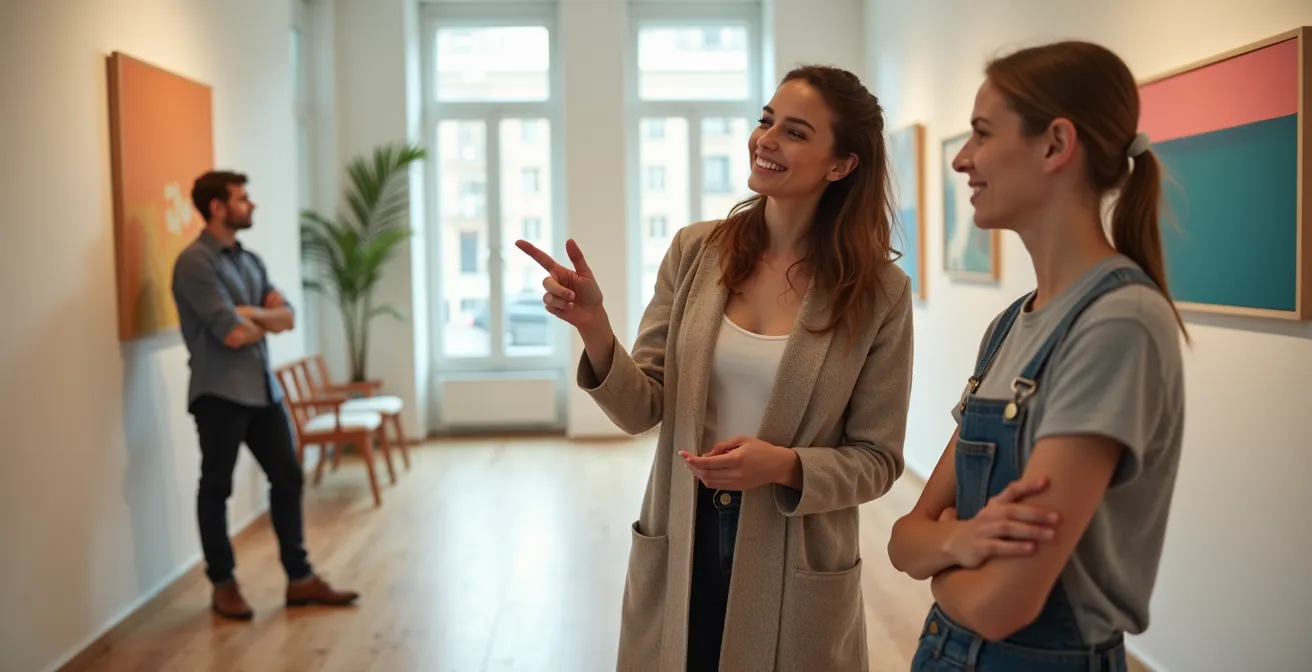 Intérieur chaleureux d'une galerie d'art zurichoise avec visiteurs discutant devant des œuvres contemporaines