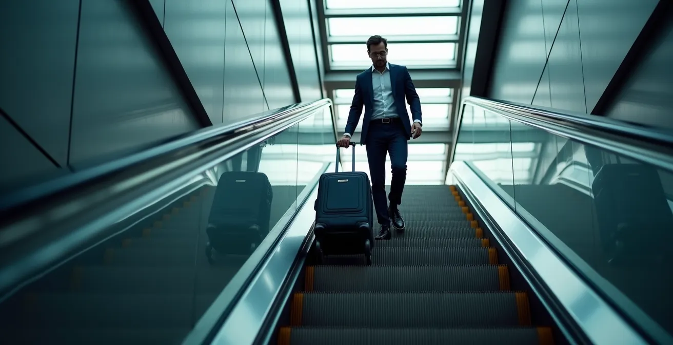 Voyageur avec valise dans les escaliers d'une grande gare suisse moderne