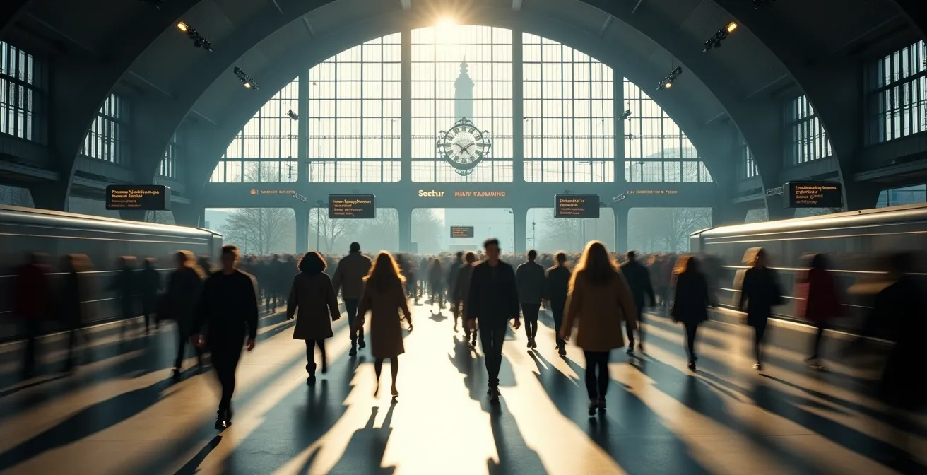 Hall de la gare centrale de Zurich au petit matin avec flux de voyageurs et architecture monumentale