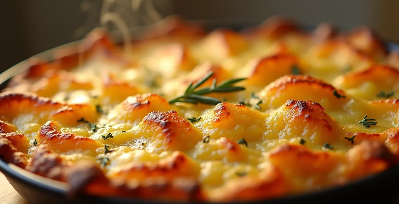 Gros plan sur texture crémeuse d'un gratin doré avec bulles et croûte croustillante