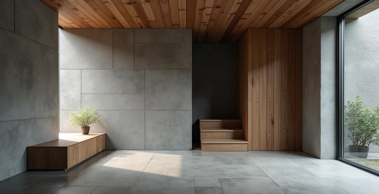 Mur en pierre de Vals grise contrastant avec des poutres en vieux bois patiné dans un intérieur contemporain suisse