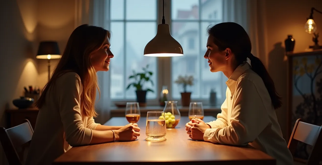 Vue latérale montrant la hauteur correcte d'une suspension au-dessus d'une table avec des convives assis