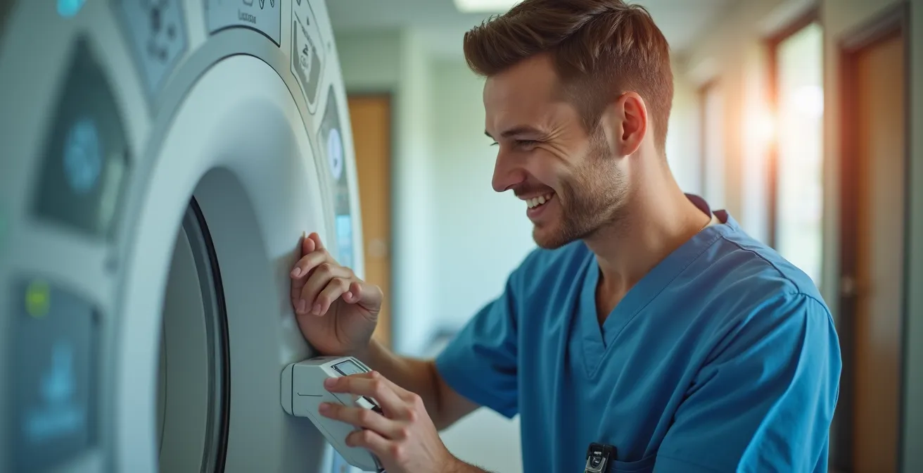 Infirmier utilisant des technologies médicales avancées dans un hôpital moderne en Suisse