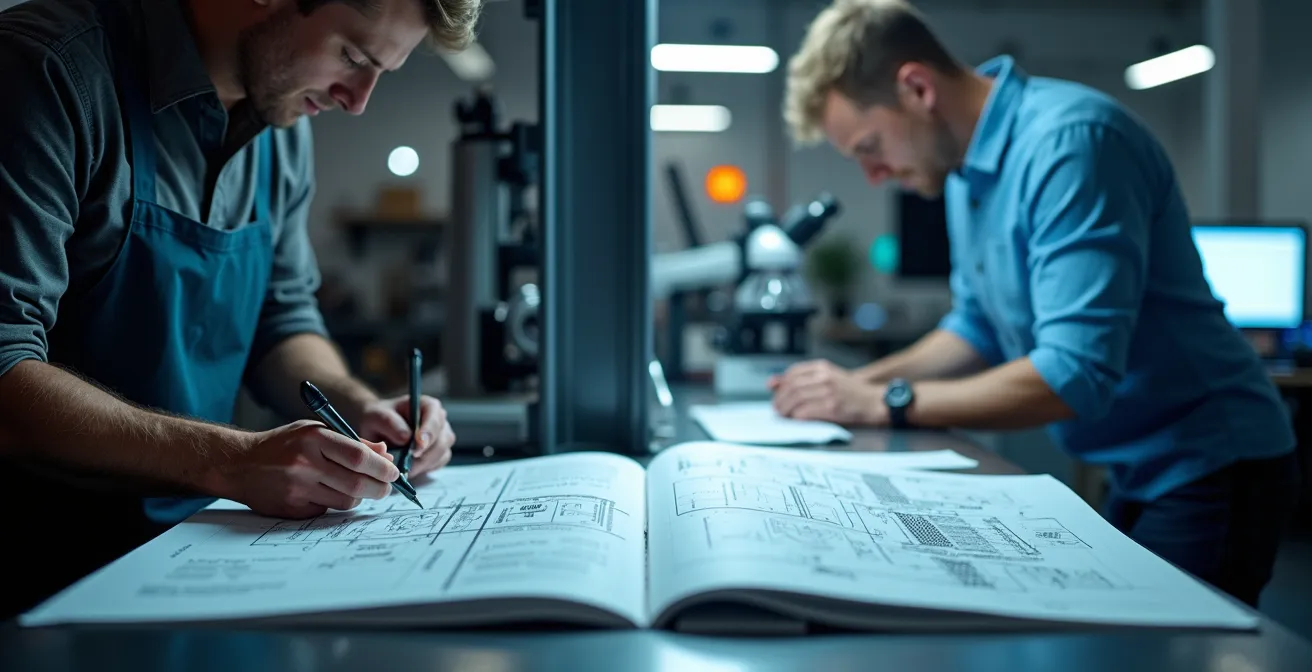 Deux espaces de travail contrastés montrant un atelier PME et un laboratoire moderne