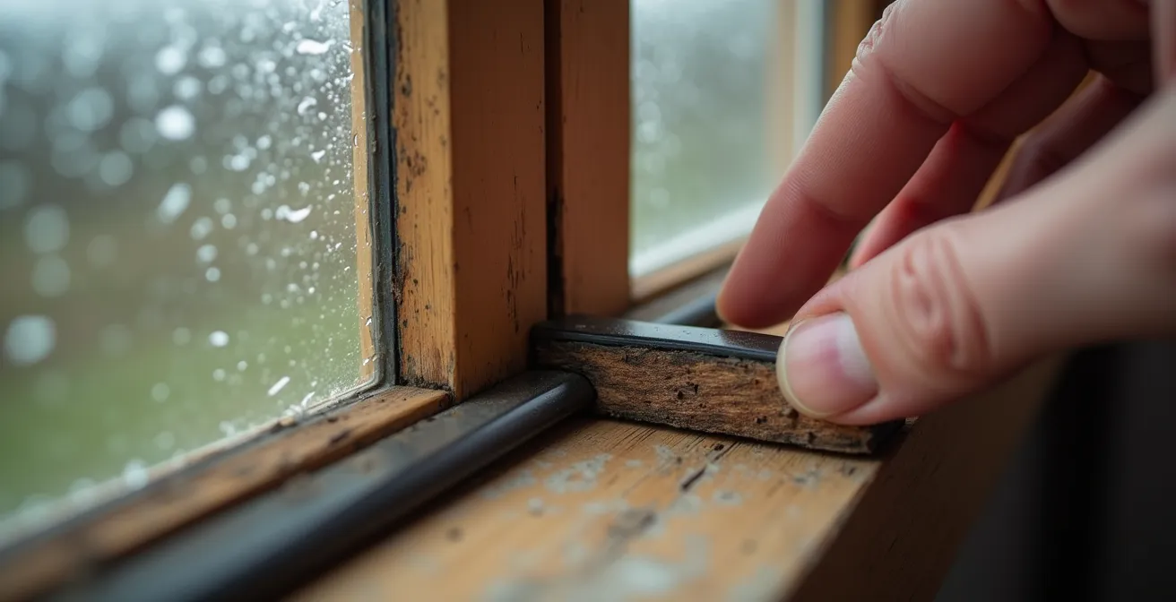 Gros plan sur l'installation de joints isolants sur une fenêtre ancienne en bois