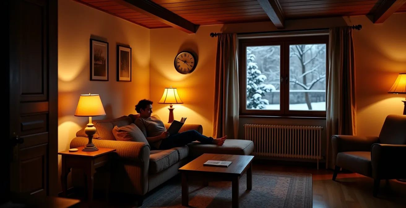 Intérieur chaleureux d'un salon suisse avec éclairage ambré doux en soirée d'hiver