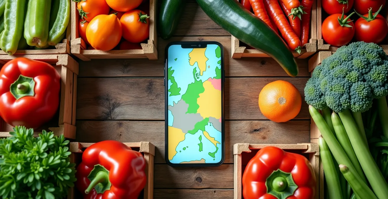 Application mobile montrant une carte de producteurs locaux suisses avec zones de livraison