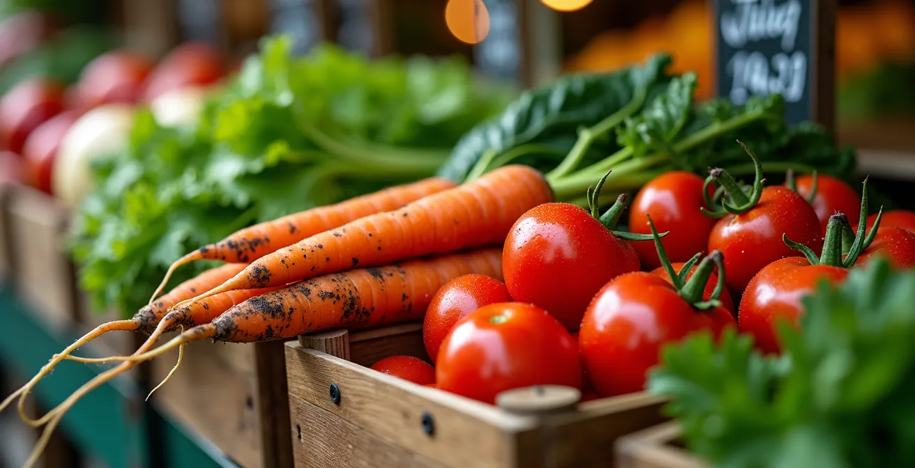 Vue macro de légumes frais suisses sur un étal de marché avec des textures naturelles visibles