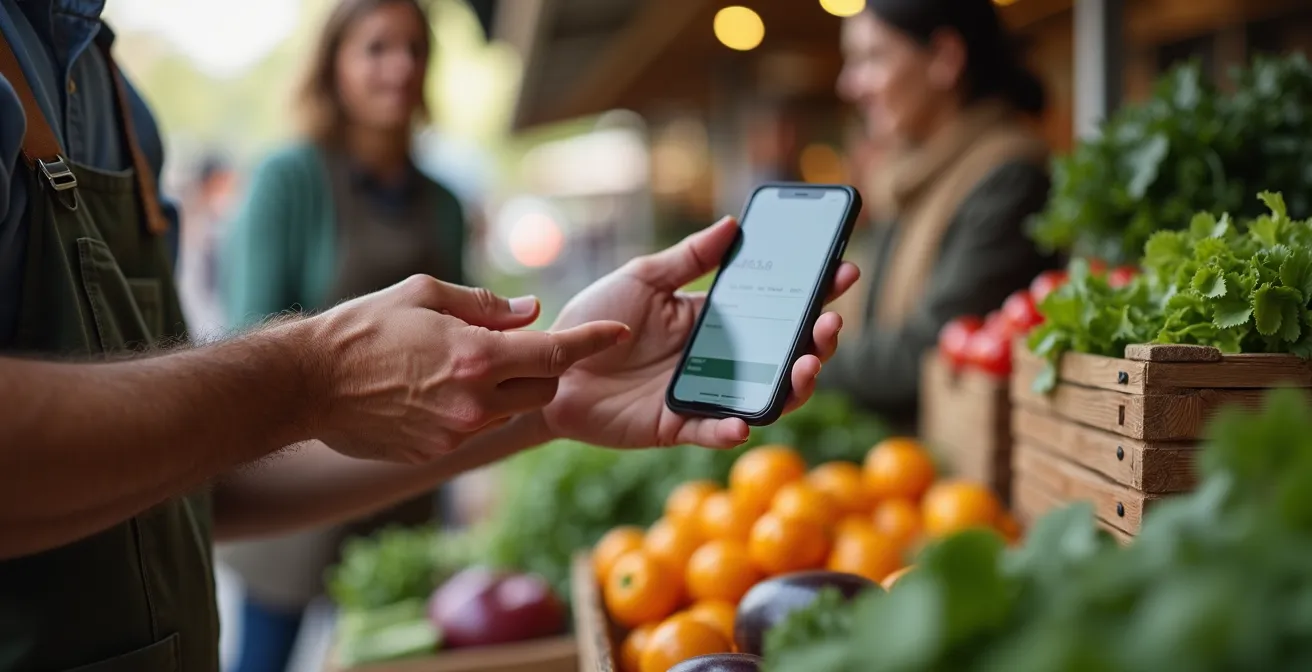 Maraîcher suisse effectuant une transaction TWINT avec un client régulier sur son stand de légumes